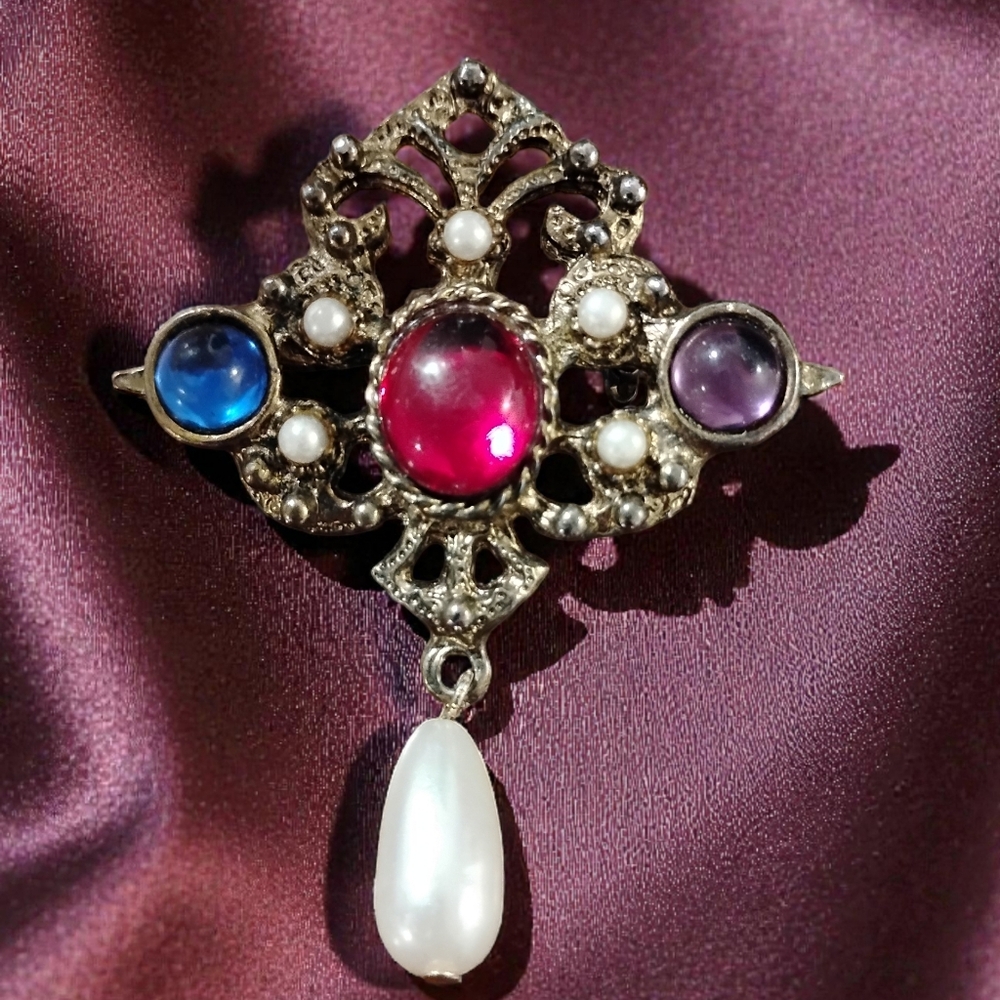 Vintage Victorian Style Multi-Color Filigree Statement Brooch with Pearl Dangle